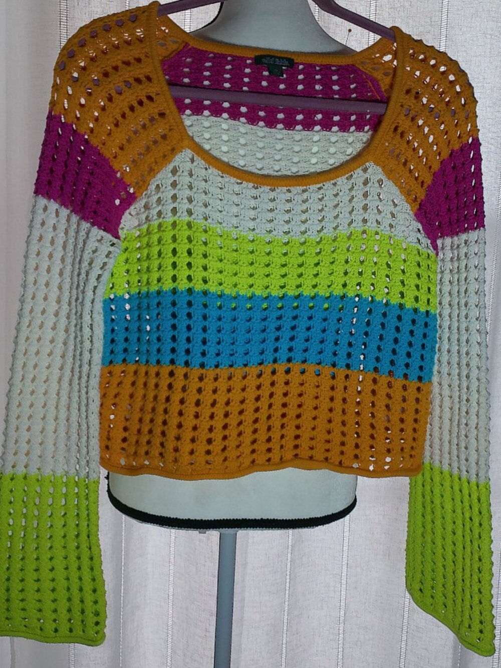WILD FABLE Long Sleeve Scoop Neck Colorful Large Stripes Open Crochet Sweater XS